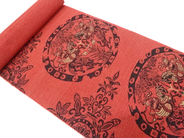 アンティーク　手織り紬　狩人に花更紗模様織り出し　名古屋帯地反物